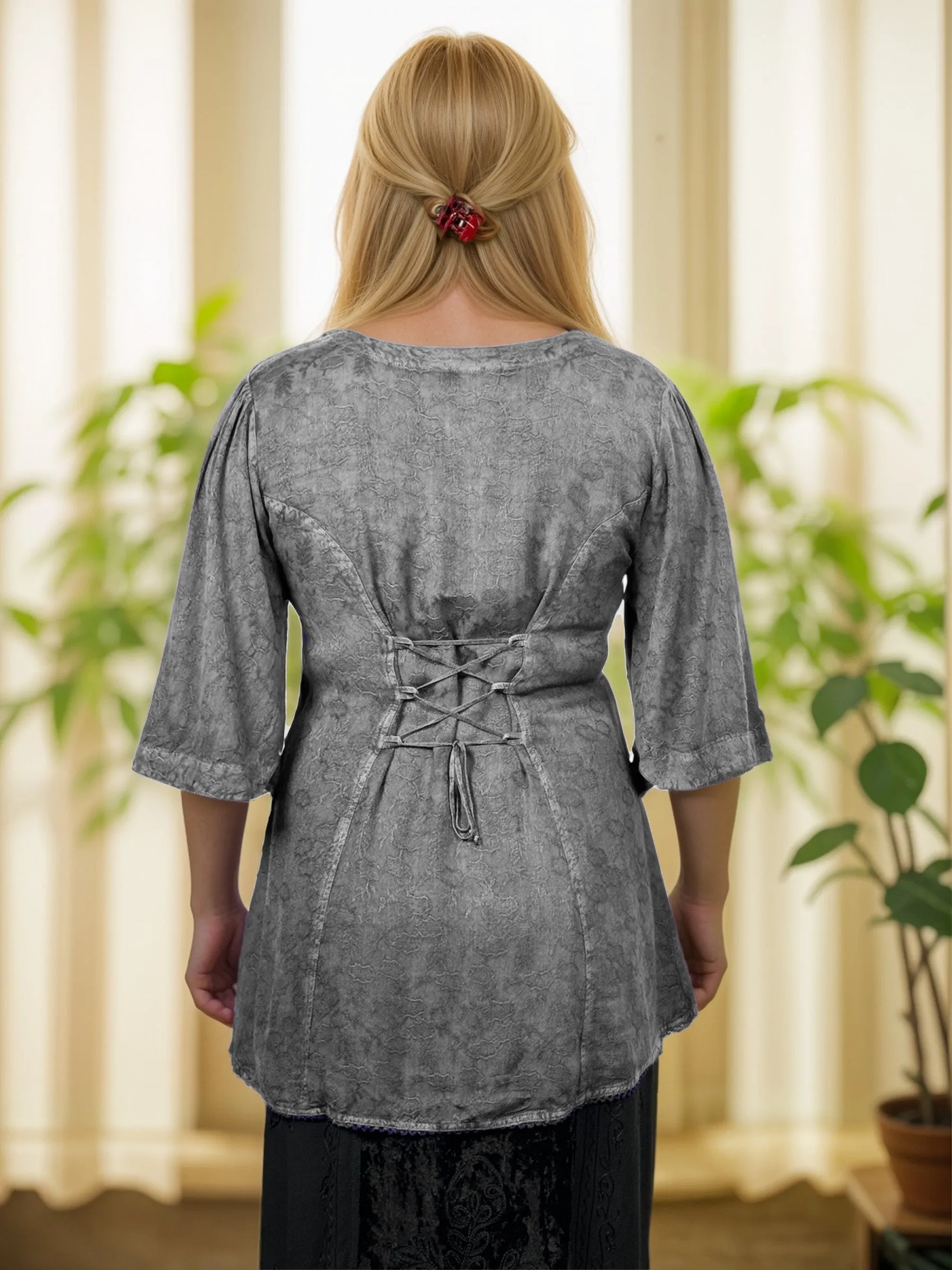 Women's Bohemian Ari Embroidered Button Down Short Sleeve Tunic Blouse ~604B