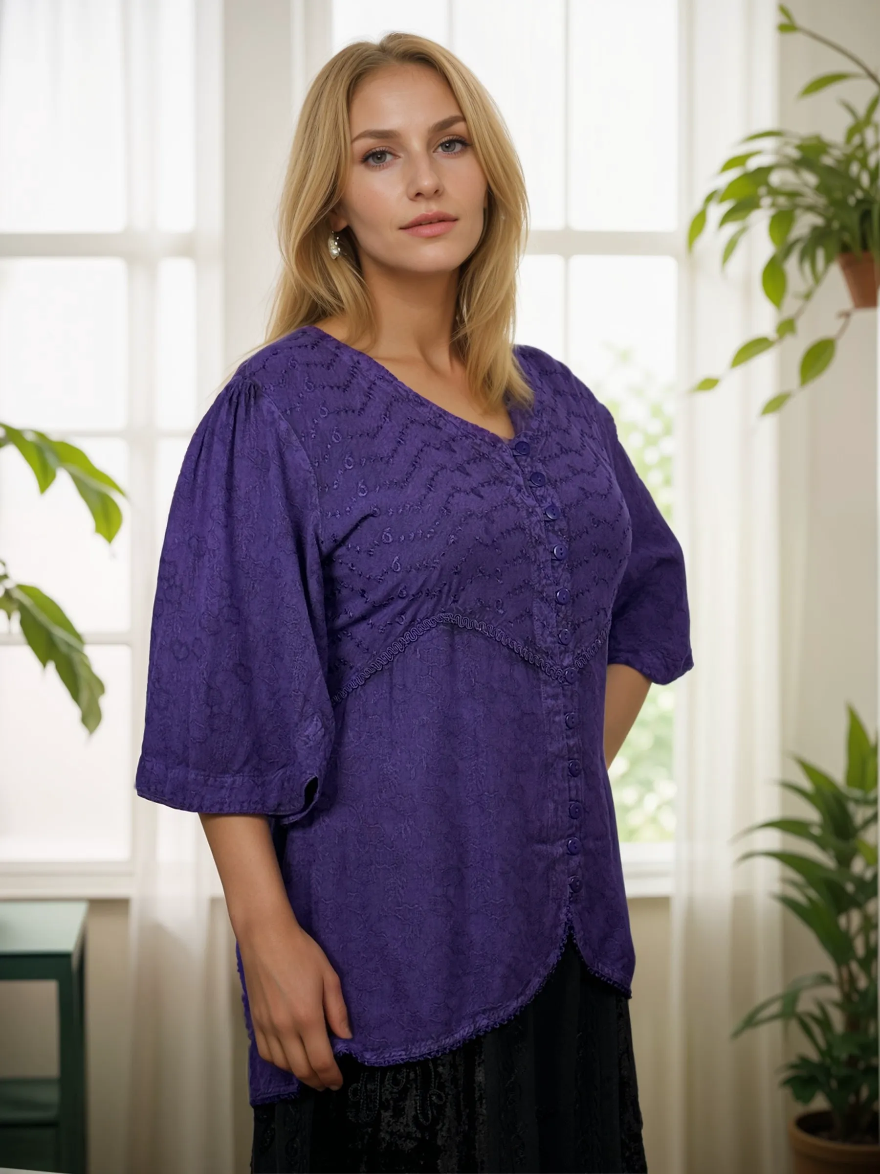 Women's Bohemian Ari Embroidered Button Down Short Sleeve Tunic Blouse ~604B