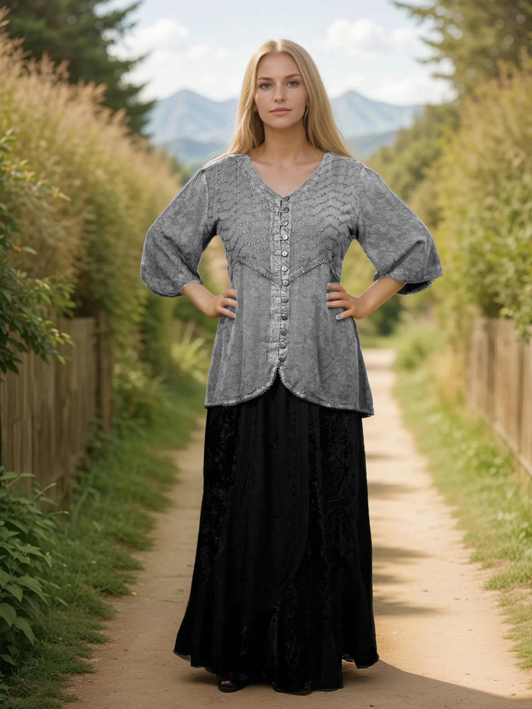 Women's Bohemian Ari Embroidered Button Down Short Sleeve Tunic Blouse ~604B