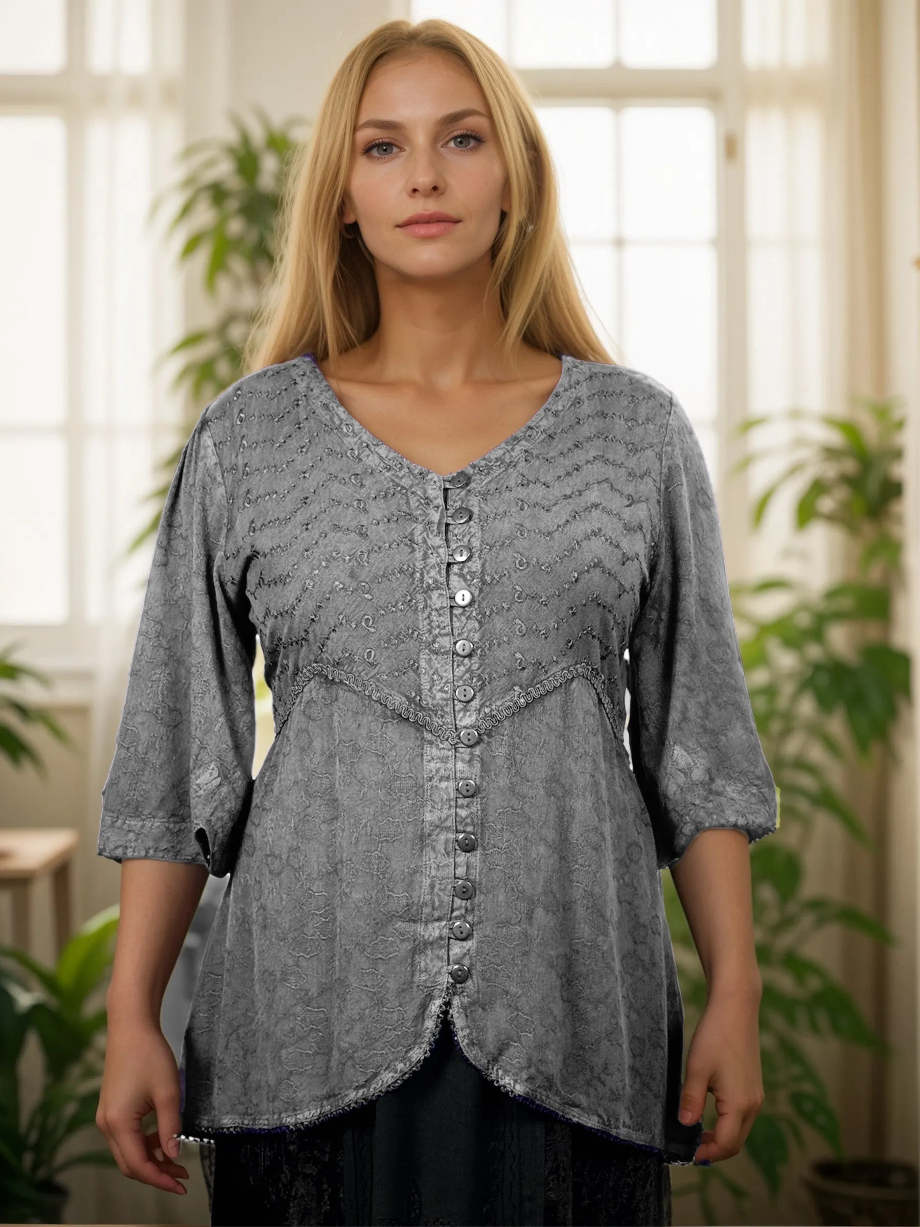 Women's Bohemian Ari Embroidered Button Down Short Sleeve Tunic Blouse ~604B