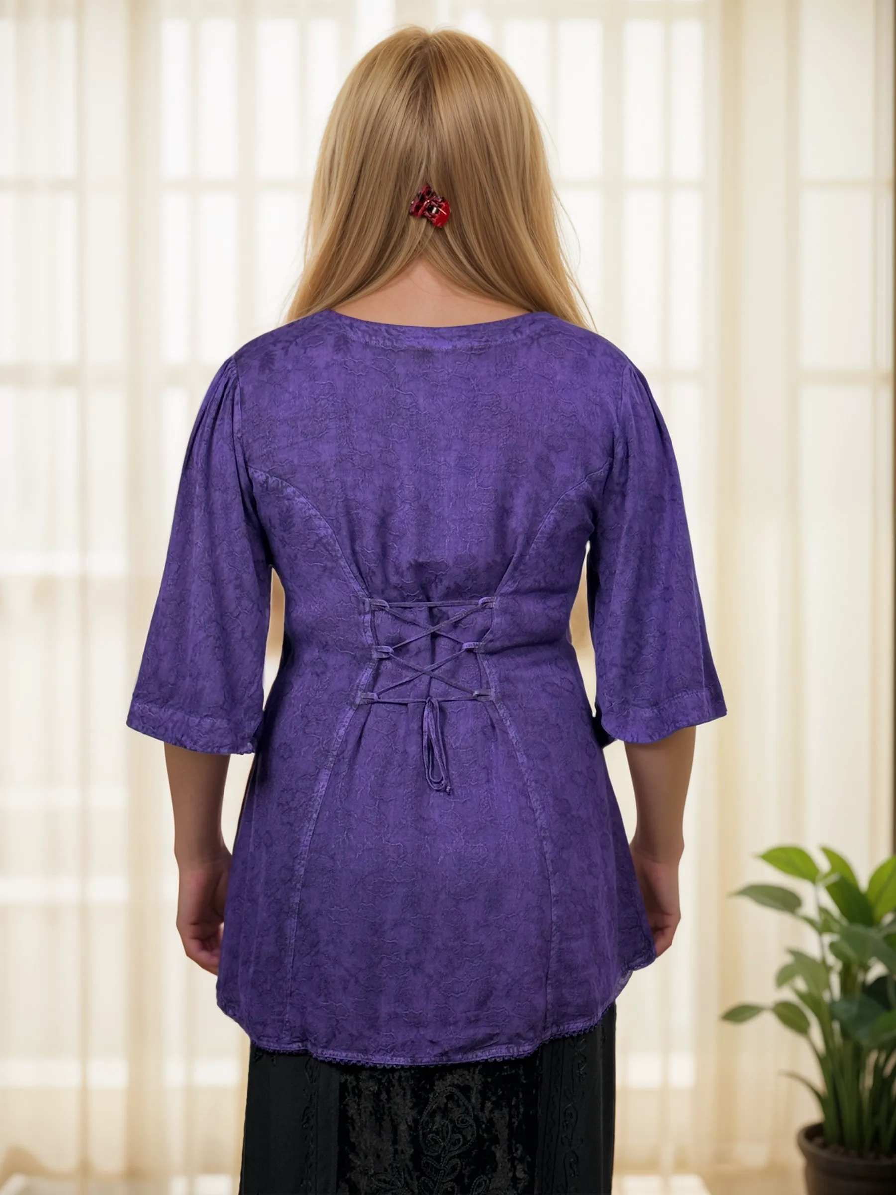 Women's Bohemian Ari Embroidered Button Down Short Sleeve Tunic Blouse ~604B