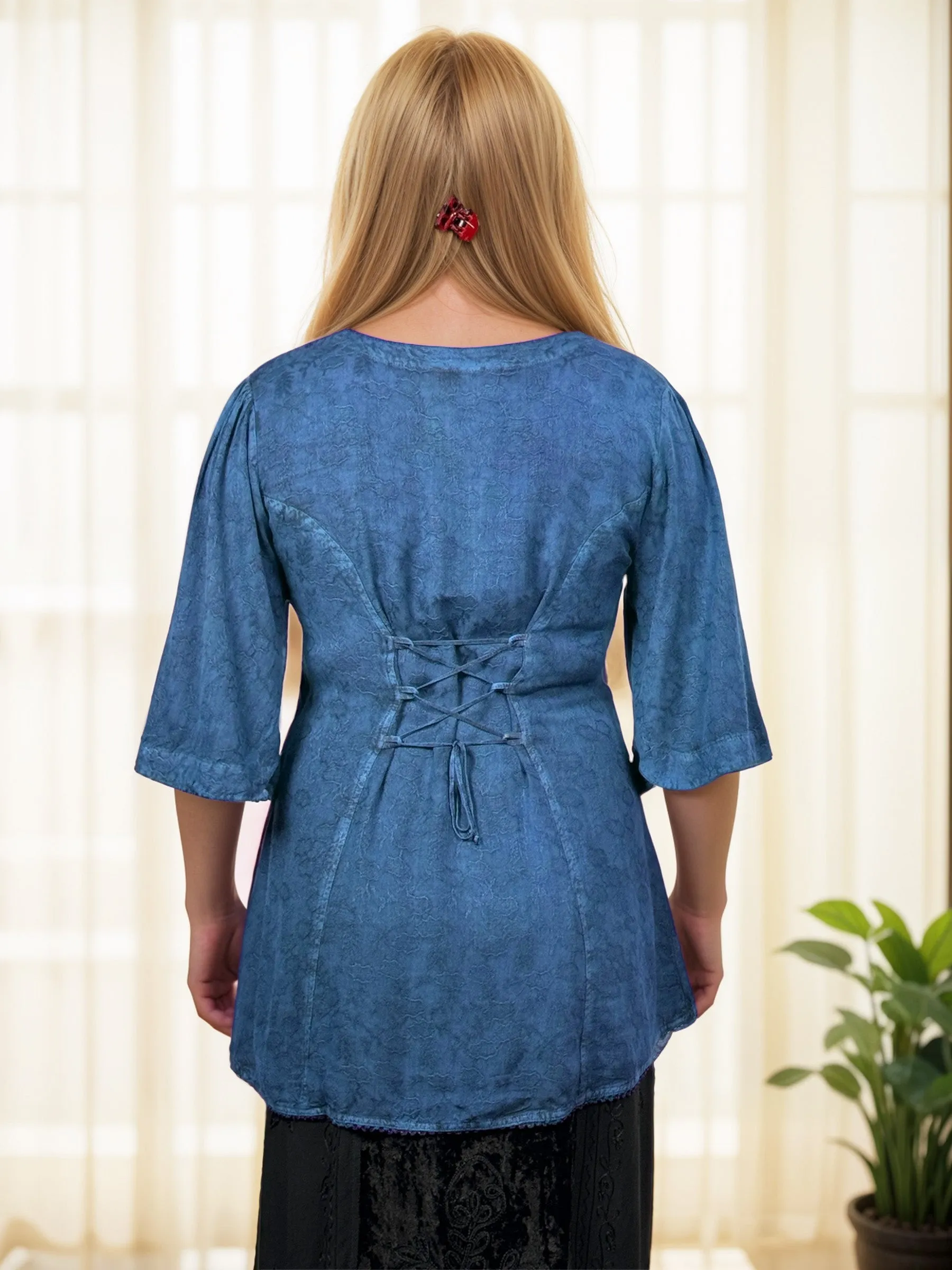 Women's Bohemian Ari Embroidered Button Down Short Sleeve Tunic Blouse ~604B
