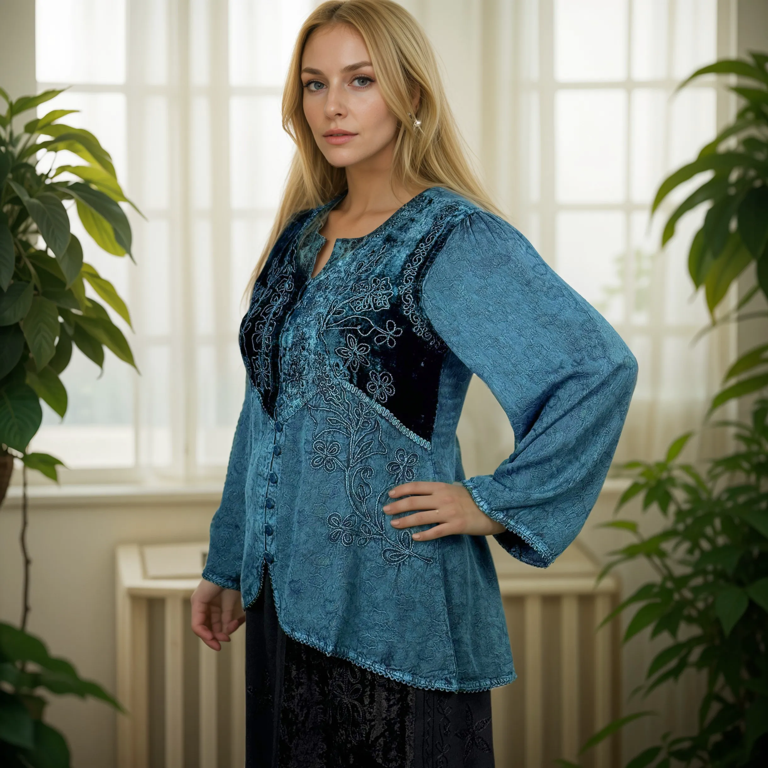 Women's Bohemian Exotic Embroidered Long Sleeve Tunic Blouse ~ 601B