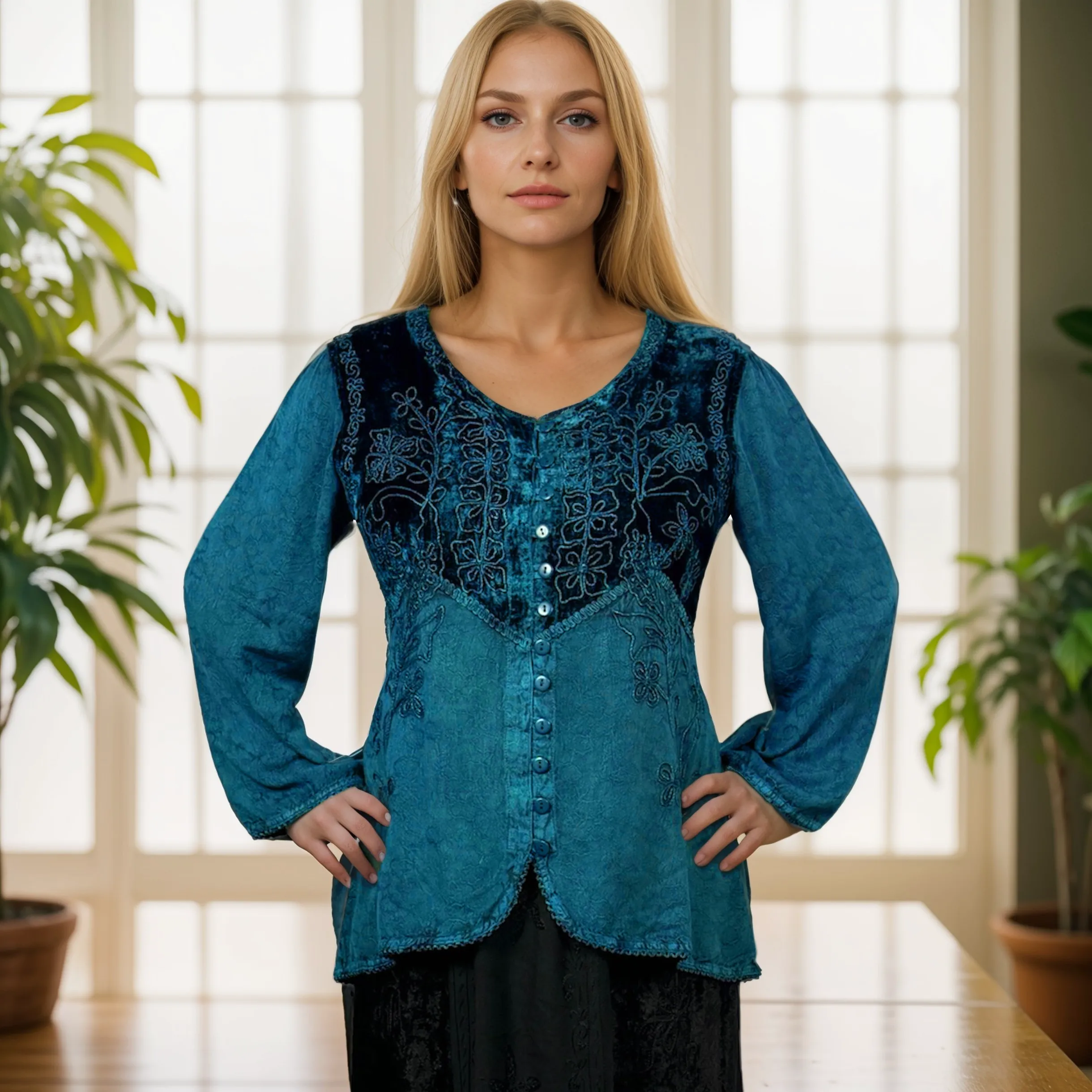 Women's Bohemian Exotic Embroidered Long Sleeve Tunic Blouse ~ 601B